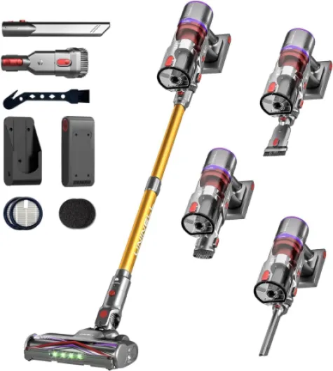 Cordless Vacuum Cleaner, 50000Pa 580W 70Mins Vacuum Cleaners for Home,Anti-Tangle Stick Vacuum Self-Standing, Handheld Vacuum Rechargeable for Pet Hair/Carpet/Floor,LED Display Gold