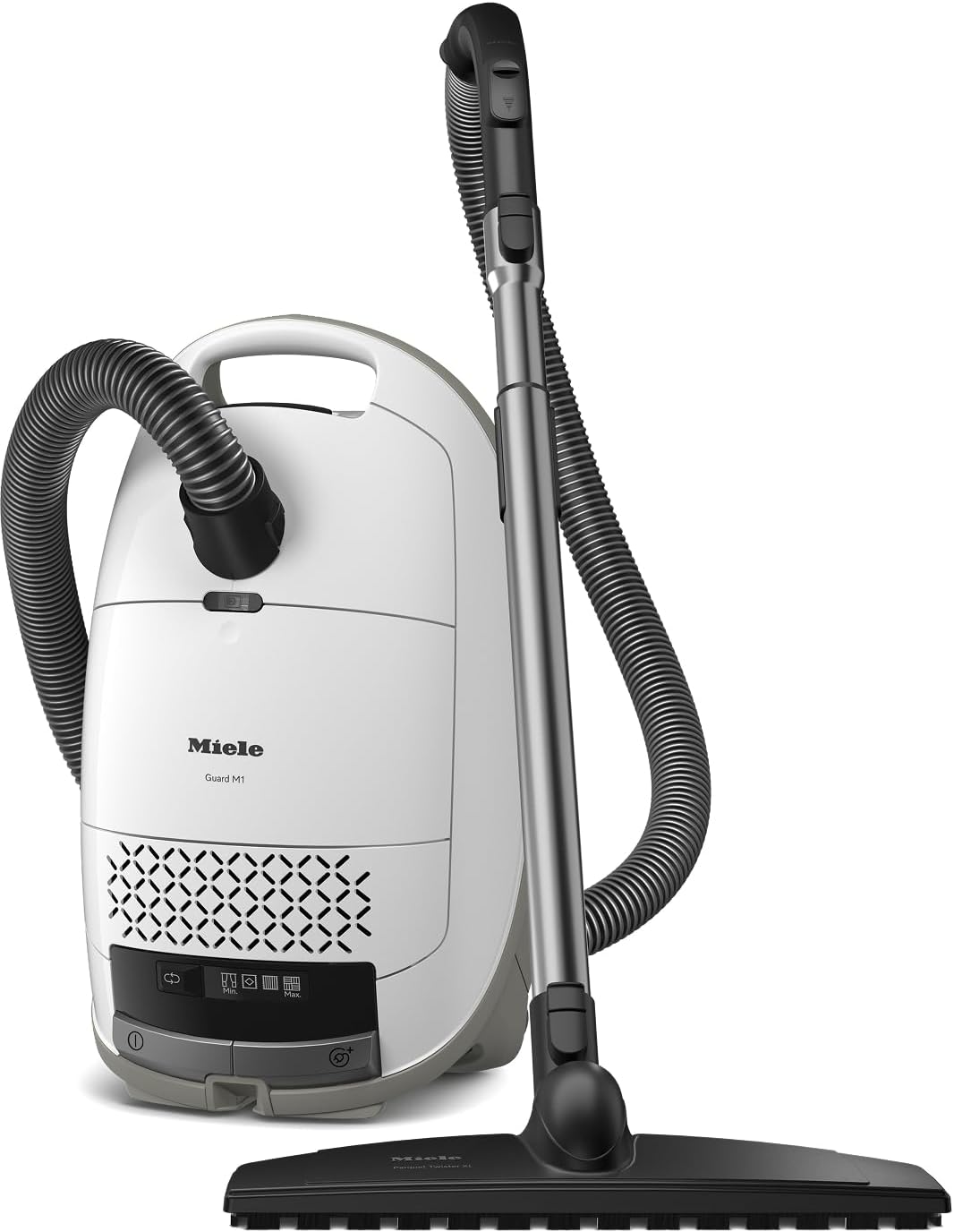 New Guard M1 Parquet XL Bagged Canister Vacuum Cleaner with AirClean Plus Filter, AllTeQ Universal Floorhead, and Parquet Twister XL Floorbrush, LED Icon Display, in Brilliant White Miele Guard M1 Brilliant White