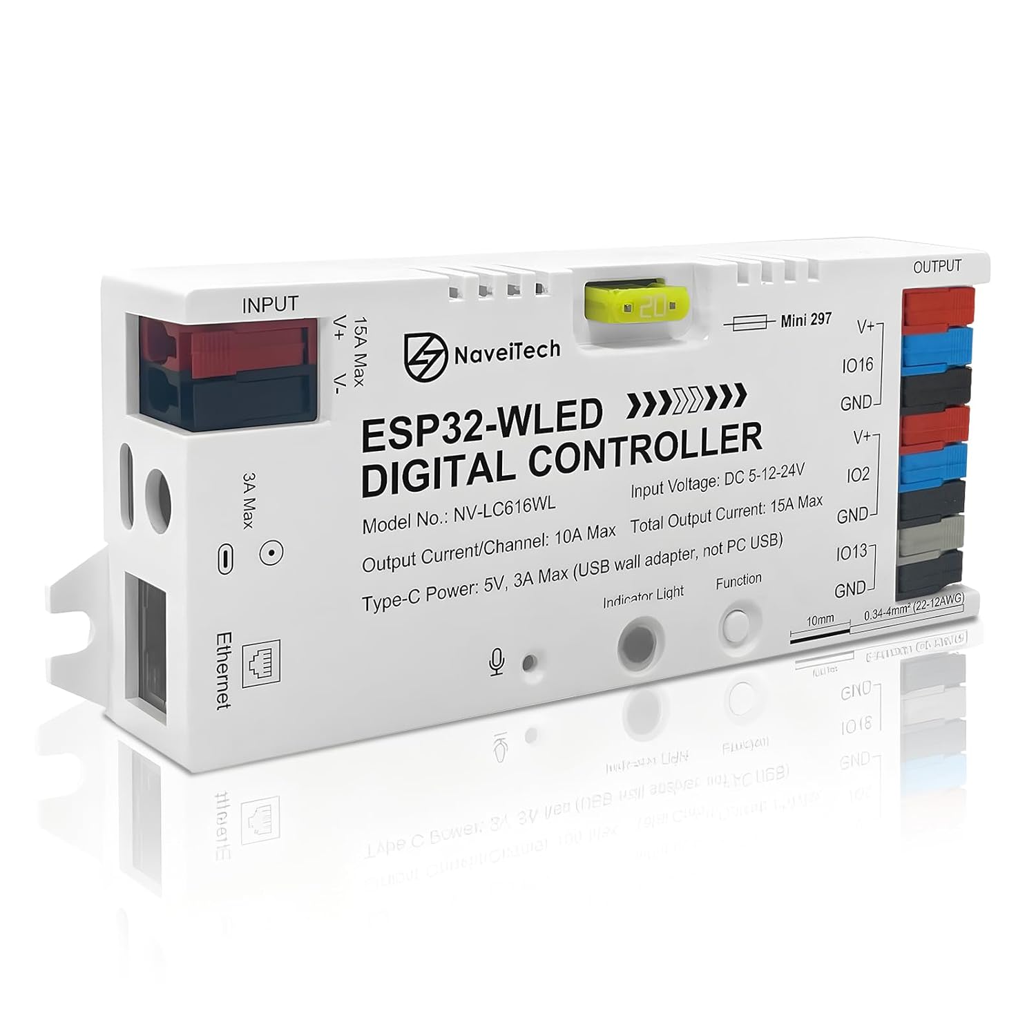 ESP32 WLED LED Strip Controller, Wled Controller Music Sound Reactive UART Energy Save Relay with Ethernet, 20A Fuse, DIY Dynamic for WS2811 WS2812B SK6812 Addressable RGB LED Strip Light