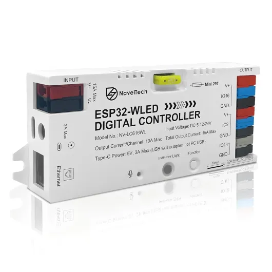 ESP32 WLED LED Strip Controller, Wled Controller Music Sound Reactive UART Energy Save Relay with Ethernet, 20A Fuse, DIY Dynamic for WS2811 WS2812B SK6812 Addressable RGB LED Strip Light