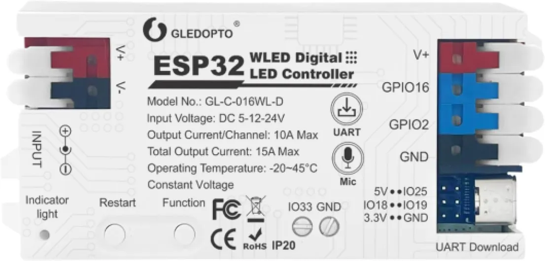 ESP32 WLED LED Strip Light Controller 15A Fuse Music Mic DIY Dynamic Lighting UART USB-C Download Energy Save Relay App Control RGB IC Addressable Digital WS2811 WS2812 SK6812 TM1814 WS2813 WS2815 etc White