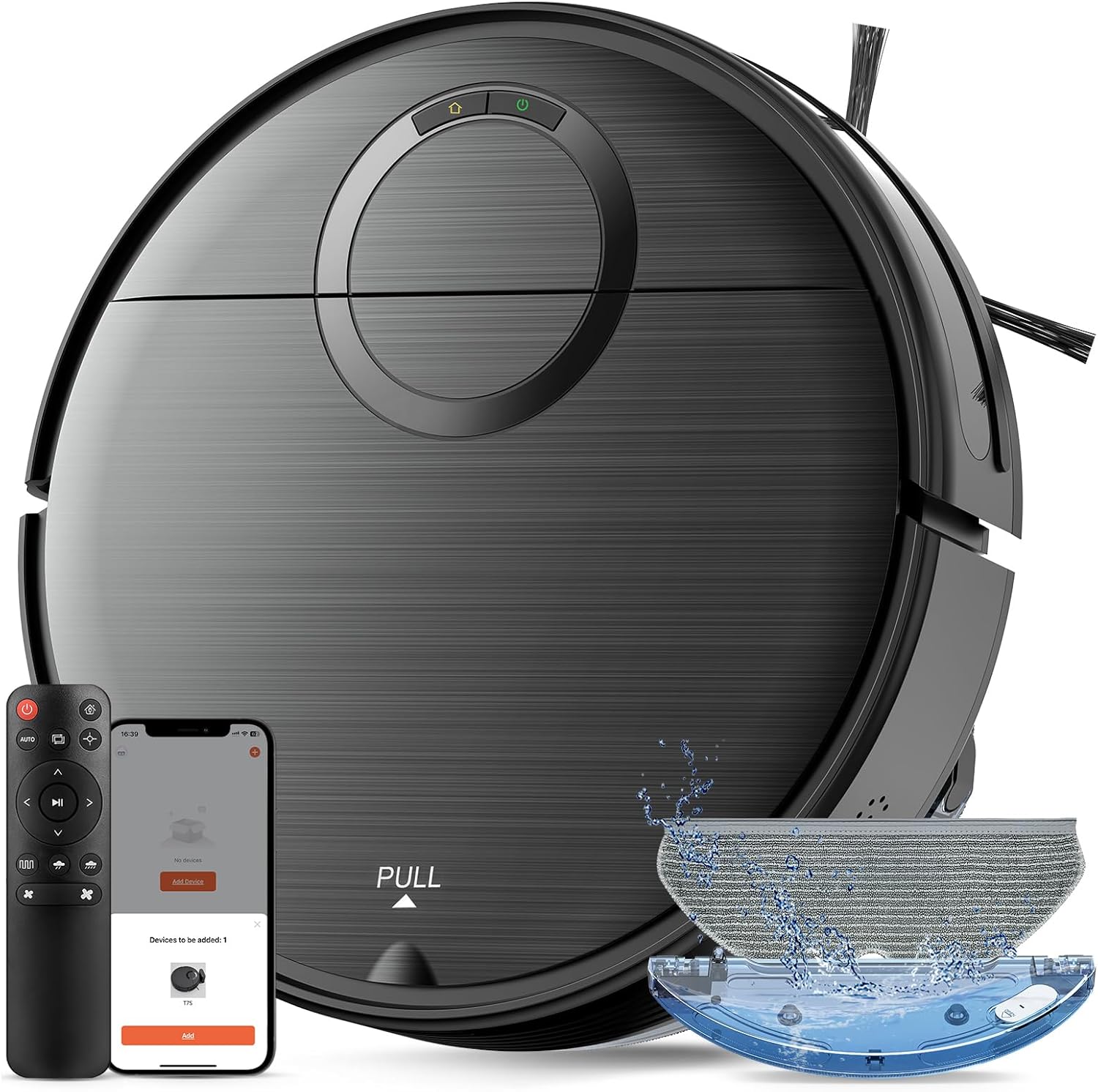 Robot Vacuum and Mop Combo, 2 in 1 Mopping Robotic Vacuum Cleaner with Schedule, Wi-Fi/App/Remote, Strong Suction, Self-Charging, Slim, Ideal for Hard Floor, Pet Hair, Low-Pile Carpet Black