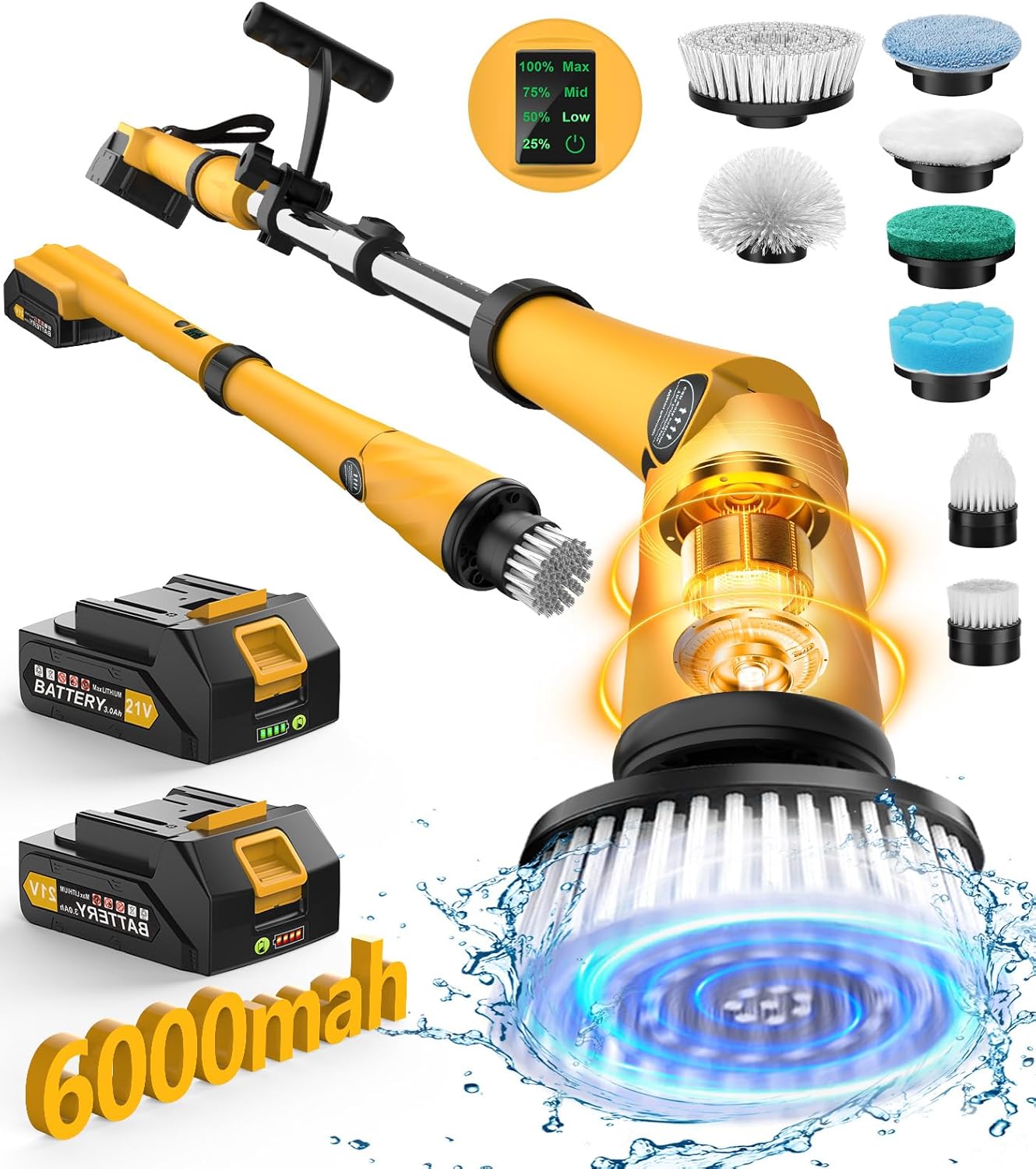 Electric Spin Scrubber Extra Large Brush Q3,6000 mAh Best Battery Power Scrubber for Cleaning,1200RPM Shower Cordless Cleaning Brush with 8 Brushes for Bath/Tub/Tile/Floor (Smart Display) Yellow Scrubber with 50-inch Handle