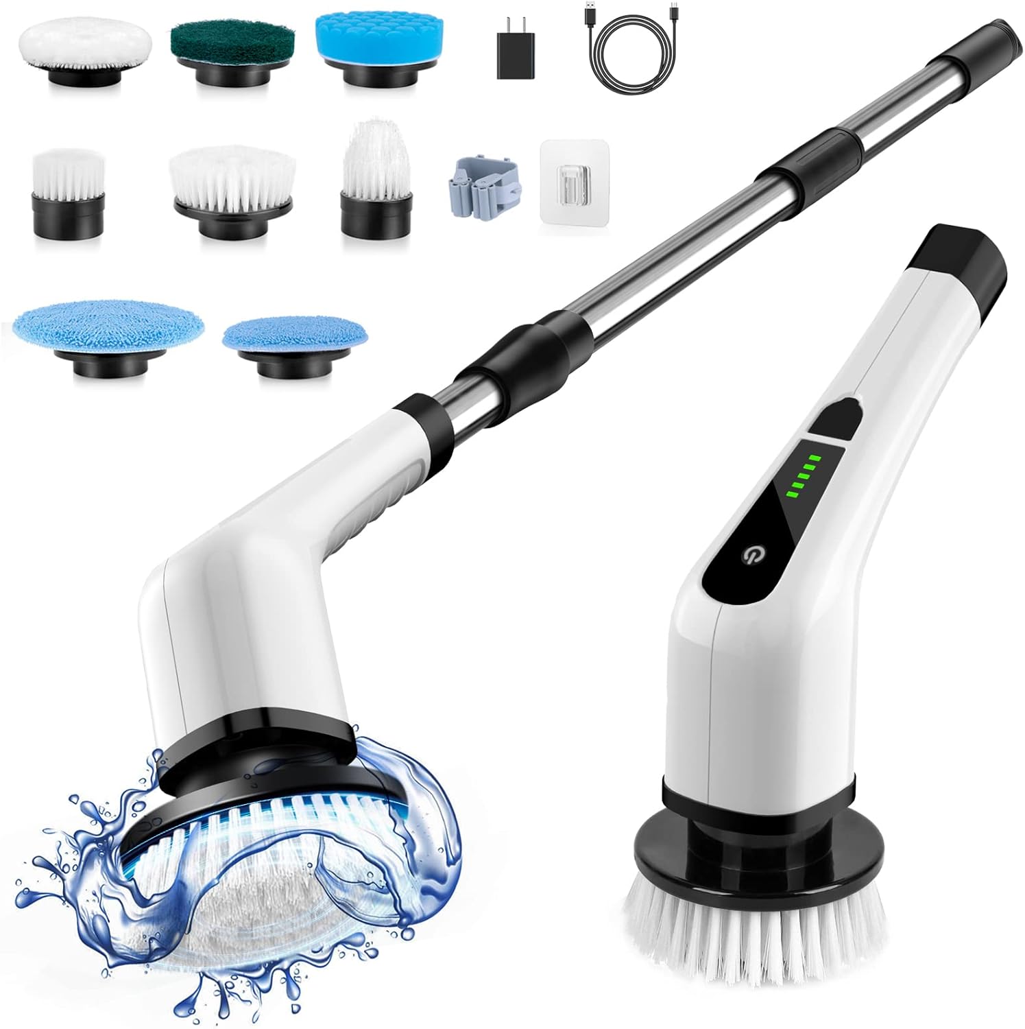 Electric Spin Scrubber, Cordless Cleaning Brush Scrubber for Home, 8 Replaceable Brush Heads-90Mins Work Time, 3 Adjustable Size, 2 Speeds for Bathroom Shower Bathtub Glass Car Large Scrubber