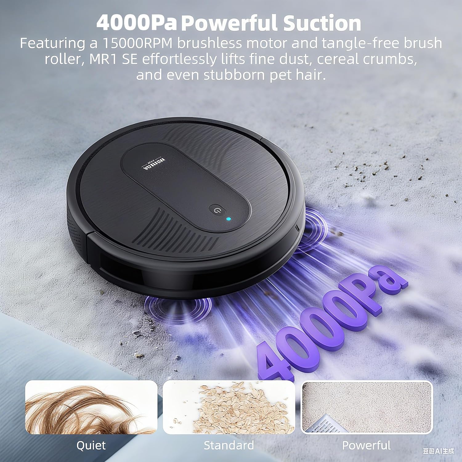 MR1 Robot Vacuum Cleaner with Mop, 3 in 1 Vacuum and Mop Robotic Vacuum with Auto Boost, 140mins Runtime, 4000Pa Powerful Suction, 3.2 inch Thin, APP/Remote/Voice Control, for Hard Floors Black