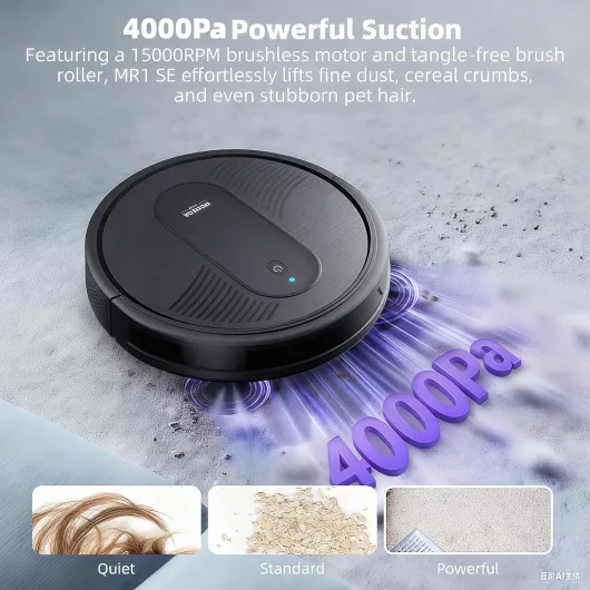 MR1 Robot Vacuum Cleaner with Mop, 3 in 1 Vacuum and Mop Robotic Vacuum with Auto Boost, 140mins Runtime, 4000Pa Powerful Suction, 3.2 inch Thin, APP/Remote/Voice Control, for Hard Floors Black