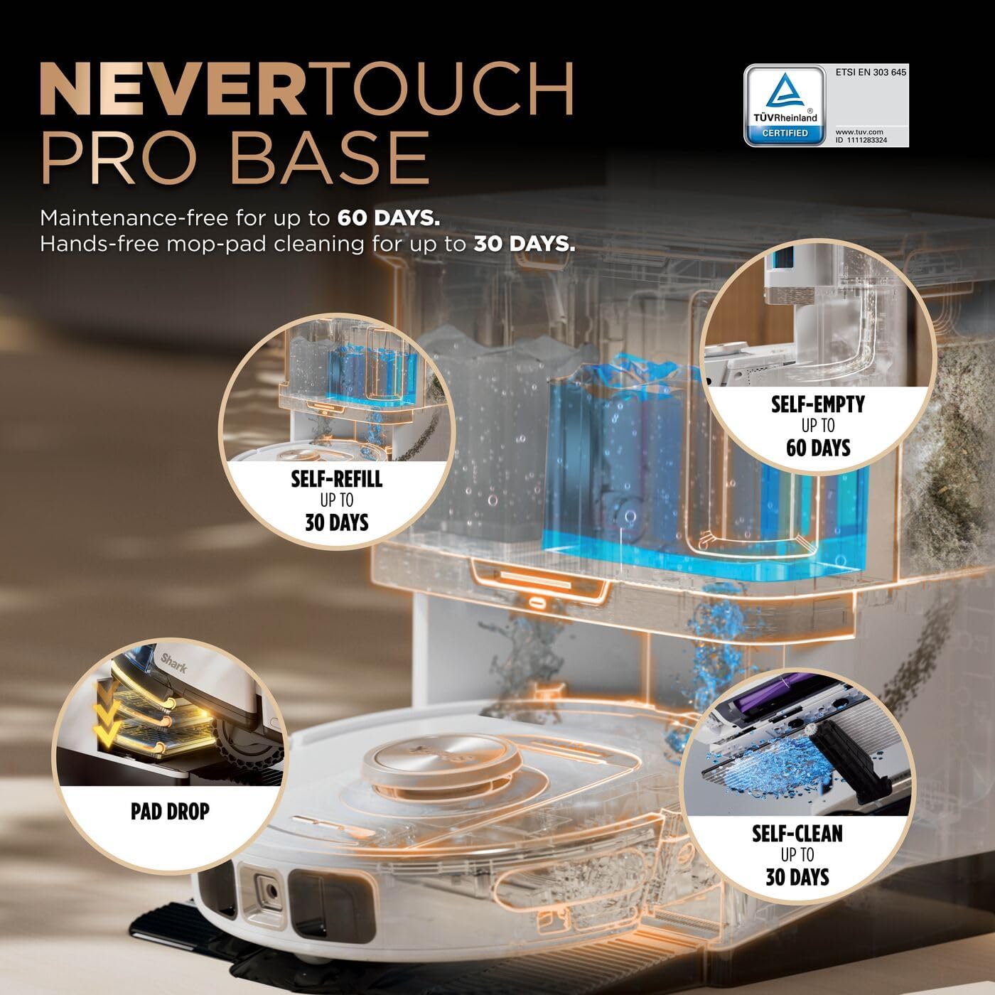 PowerDetect Robot Vacuum and Mop with 60-Day Self-emptying and Cleaning Base - 3D LiDAR Navigation - Wi-Fi/App - 1 Anti-microb and 3 Standard Pads, 1 Odour Cartridge and 1 Brush Incl - - White PowerDetect - Basic White