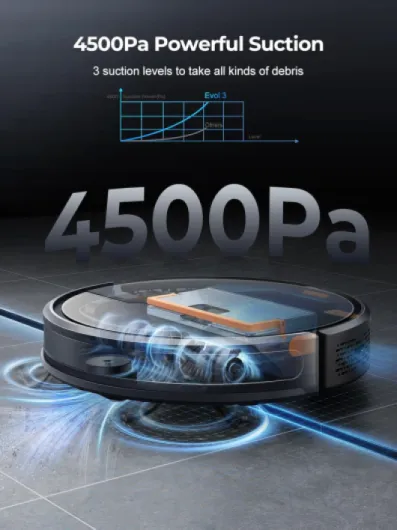 Robot Vacuum Cleaner with Mop, 4500Pa Strong Suction, Robotic Vacuum, 180mins Runtime, Alexa/APP, Robot Vacuum with Auto Carpet Boost, Ideal for Pet Hair, Hard Floors, Carpet (Evol 3) Black