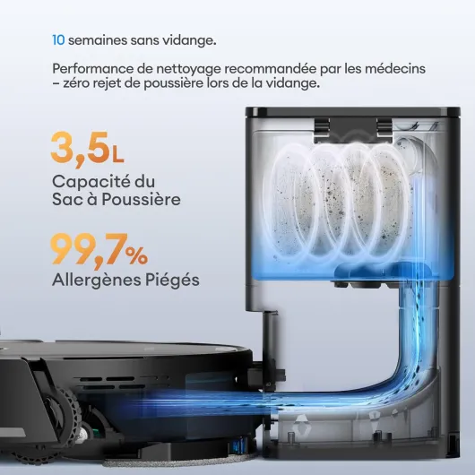 Ultenic T20 Pro+ Robot Aspirateur Lavage Auto-vidage - 10 000Pa Puissant Poils d'animaux - Navigation LiDAR AI - 200min Autonomie - HEPA H13 - Alexa/Google - 5 Cartes Multi-étages
