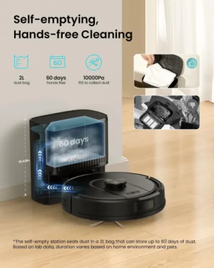 Self-Emptying Robot Vacuum Cleaner with Mop, Laser Navigation, Up to 60 Days of Hands-Free Cleaning, 180 Mins Runtime, Strong 10000Pa Suction Robot Vacuum to Clean Floors, Carpets, Pet Hair Black