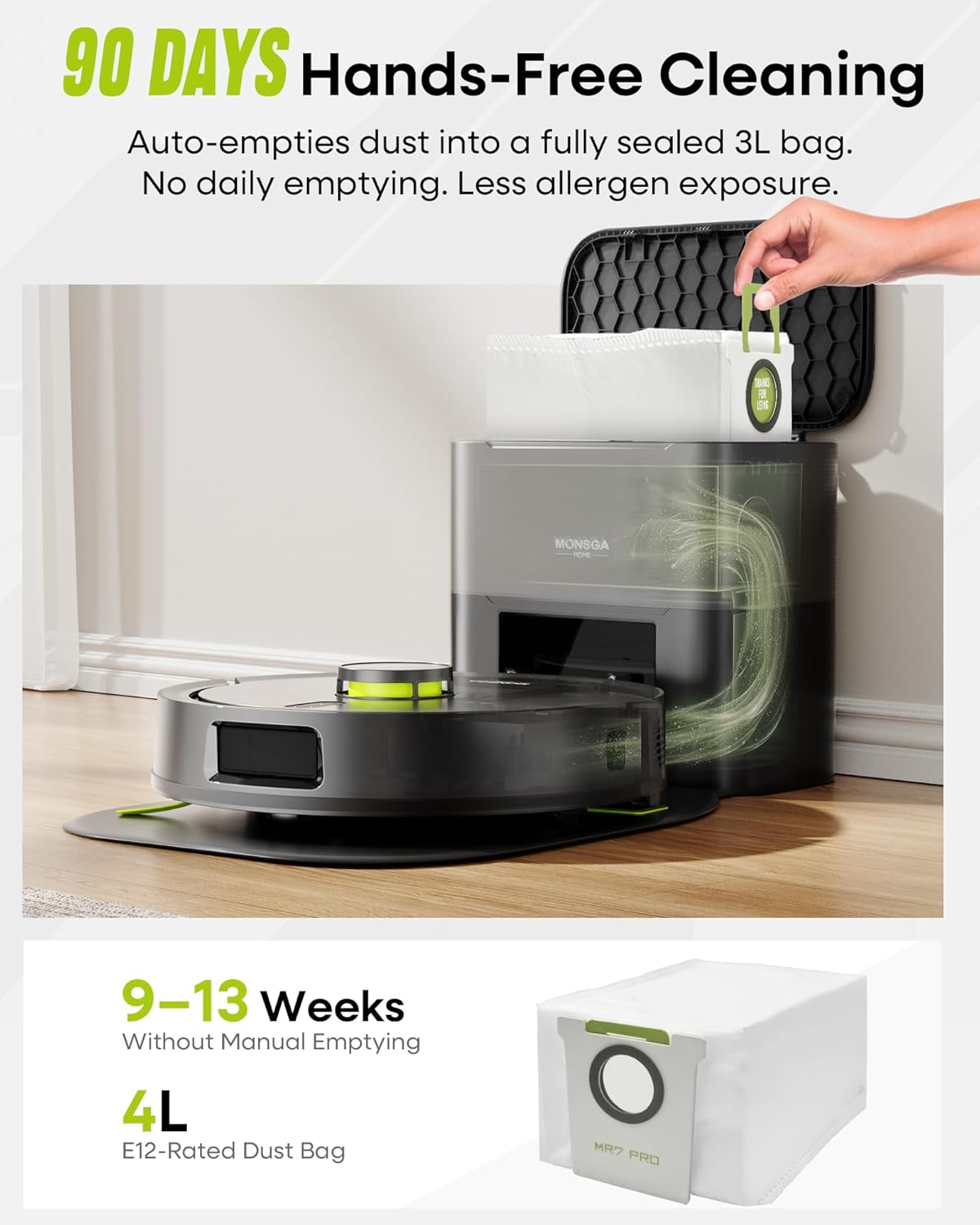 Robot Vacuum with Mop Self Emptying, 8000Pa Suction, Lidar Navigation, Dual Anti-Tangle, Protective Charging Base Pad, 90 Days Hands-Free, APP/Remote/Voice Control, for Hard Floors and Carpets Grey