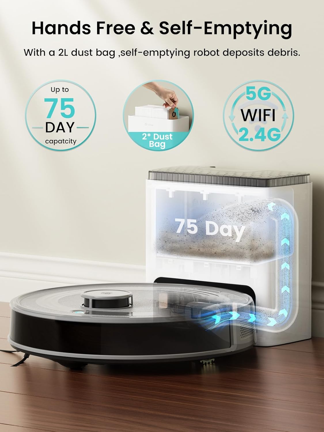 M2S Plus Robot Vacuum and Mop, Self-Emptying, 10000Pa Suction, 75 Days Hands-Free, dToF Navigation, Obstacle Avoidance, 240 Mins Runtime, for Hard Floors & Carpets, Wi-Fi Gray/White