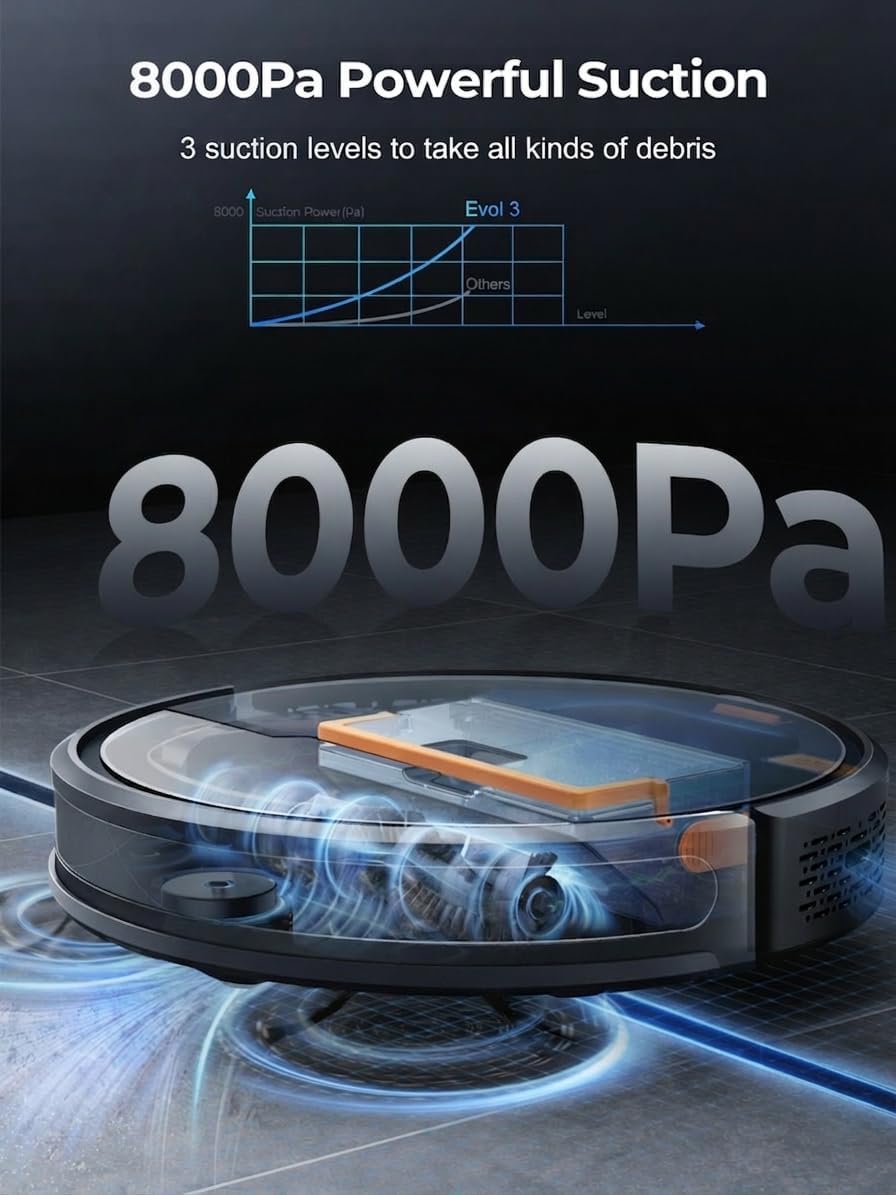 8000Pa Robot Vacuum Cleaner with Mop, Robotic Vacuum with Remote Control, Voice, Alexa/APP, 180mins Runtime, Robot Hoover with Auto Carpet Boost, Ideal for Pet Hair, Hard Floors, Carpet Black L