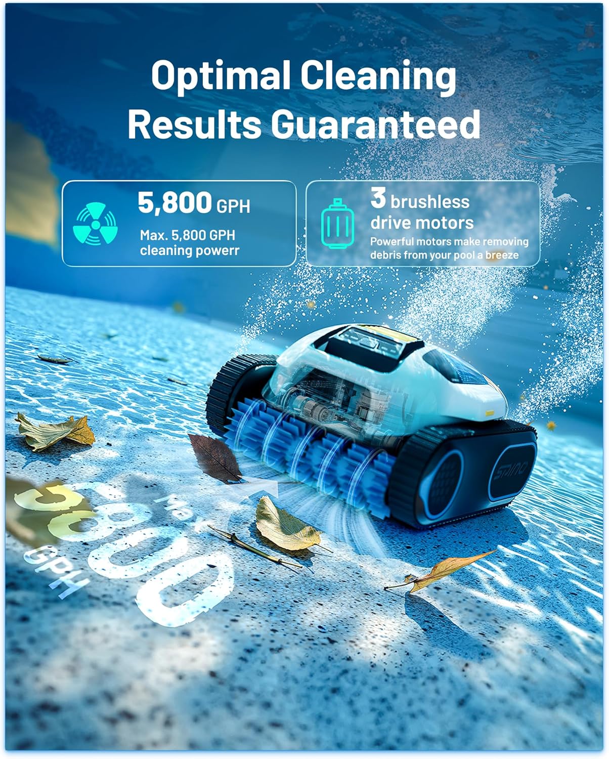 Spino E1 Wireless Pool Robot, 210 Mins Autonomy, 21950 LPH Max, 5 Modes Pool Robot, Wall and Water Line Cleaning, App Control, SmartArc Path, Ideal for Pools 150㎡