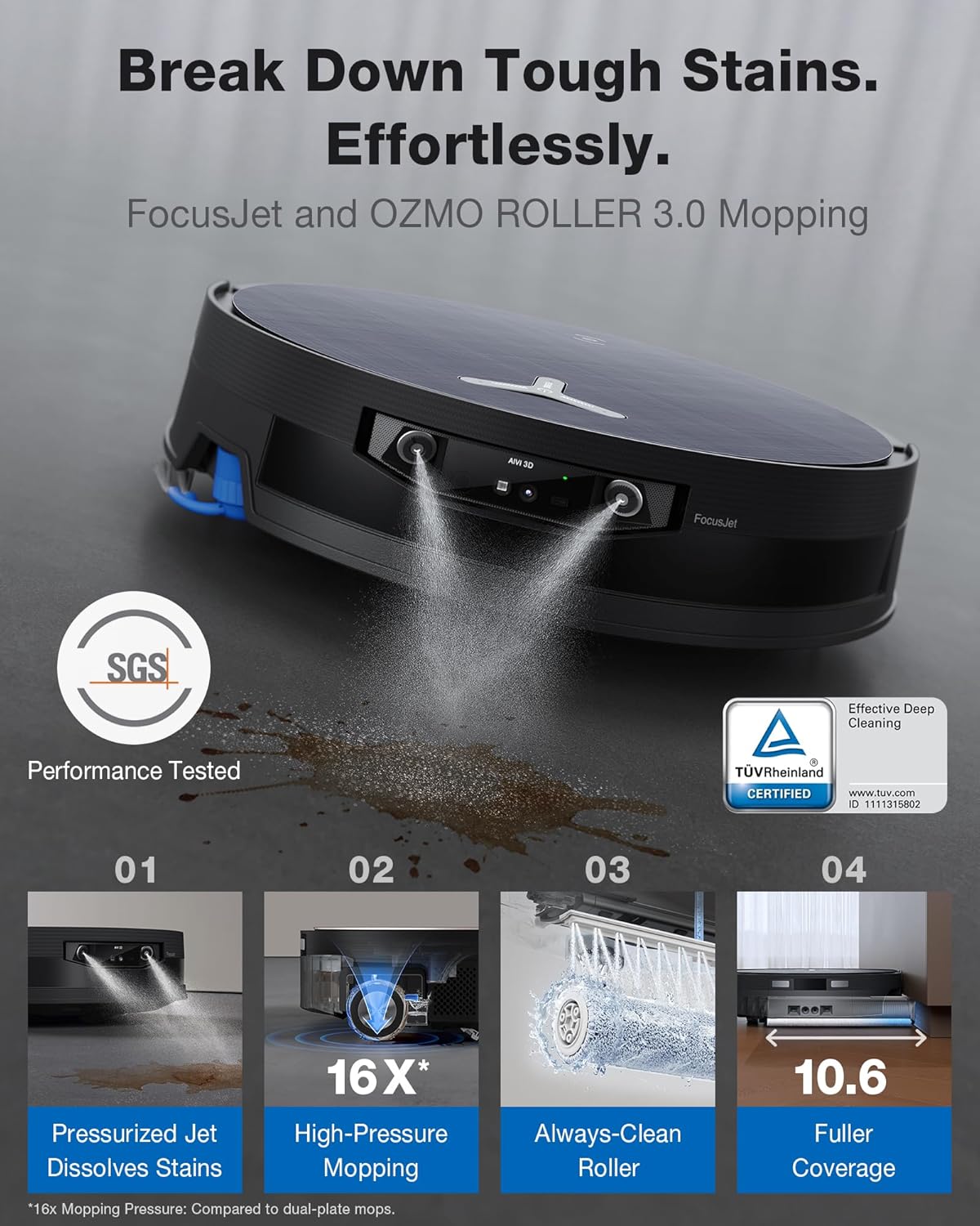 DEEBOT X12 OMNICYCLONE Robot Vacuum and Mop, FocusJet Pre-Spray, Bagless Station, OZMO Roller Instant Self Washing, Blast 22000Pa Suction, ZeroTangle, PowerBoost Charging for Large House Black 1