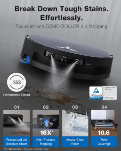 DEEBOT X12 OMNICYCLONE Robot Vacuum and Mop, FocusJet Pre-Spray, Bagless Station, OZMO Roller Instant Self Washing, Blast 22000Pa Suction, ZeroTangle, PowerBoost Charging for Large House Black 1